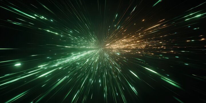 Abstract Digital Particle Explosion with Green and Orange Hues on Black Background - Powered by Adobe
