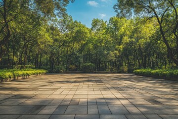 A serene park with a large pond surrounded by lush greenery, a winding path leading to a wooden bridge over the water, and a few people enjoying the tranquility of the scene.