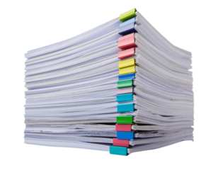 Stack of organized office documents with colorful tabs and clips, isolated on a transparent background, PNG (2)