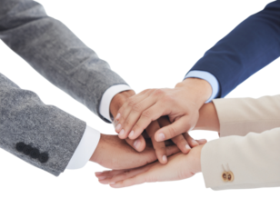 Professional team collaboration gesture with hands coming together for teamwork, isolated on a transparent background, PNG