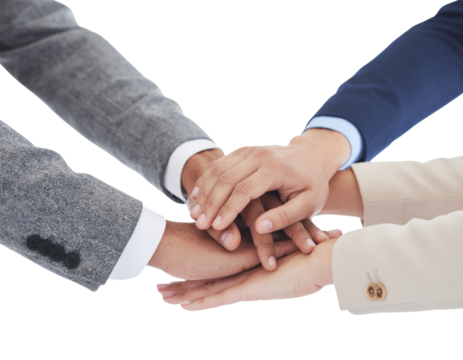 Professional team collaboration gesture with hands coming together for teamwork, isolated on a transparent background, PNG - Powered by Adobe