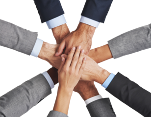 Professional team collaboration gesture with hands coming together for teamwork, isolated on a transparent background, PNG