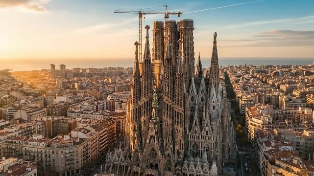 Sagrada Familia at sunset in Barcelona, Spain.