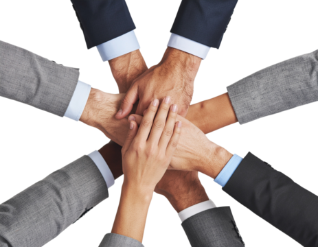 Professional team collaboration gesture with hands coming together for teamwork, isolated on a transparent background, PNG