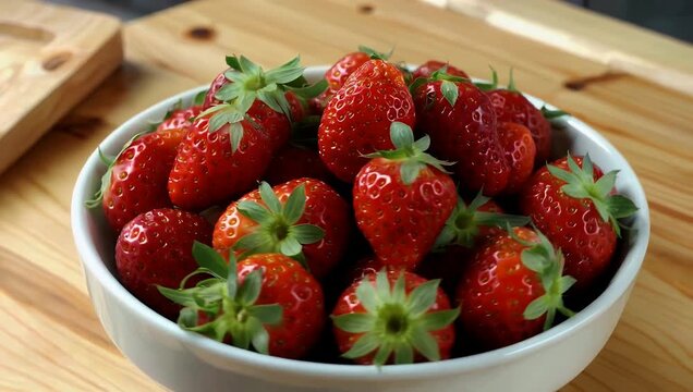 4K stop motion loop of juicy organic strawberries spinning in a bowl on a wooden table emphasizing fresh fruit textures summer harvest vibes and appetizing visual appeal suitable for culinary or