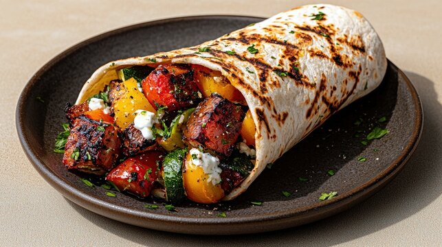 A close-up shot of a grilled steak and vegetable wrap filled with colorful vegetables and crumbled feta cheese, garnished with fresh herbs.
