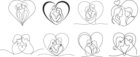 A continuous-line drawing illustration of a couple facing each other inside a heart shape, vector art.