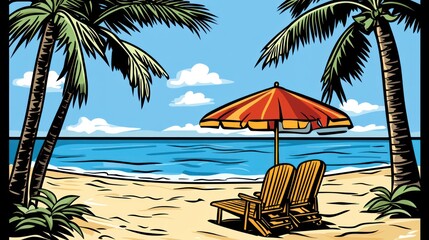 Tropical beach scene with beach chairs and umbrella. Relaxing vacation view