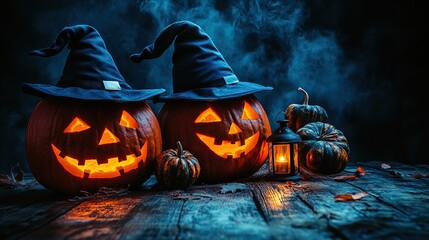Obraz premium Halloween Pumpkins with Witch Hats, Smoke, Mini Pumpkins and Lantern