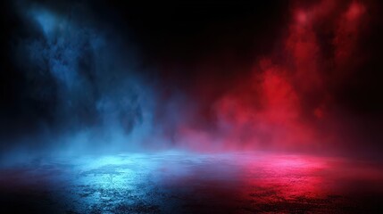 Fototapeta premium Abstract Dark Background with Blue and Red Fog Illuminating a Wet Floor