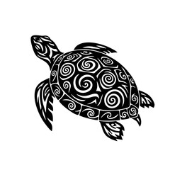 Fototapeta premium Bold Tribal Turtle Silhouette Logo With Spirals and Wave Motifs, Black Line Art, Simple Carving Design