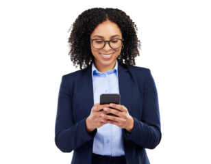 Businesswoman holding a smartphone while reading emails, natural hand/finger detail, isolated on a transparent background, PNG