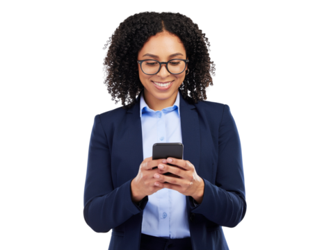 Businesswoman holding a smartphone while reading emails, natural hand/finger detail, isolated on a transparent background, PNG - Powered by Adobe