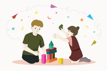 Simple vector illustration of kids playing together. Brother and sister playing cube stackers. Girl dan boy plays together.