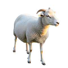 Obraz premium A standing sheep with white fleece and small horns illuminated by warm sunlight against a transparent background