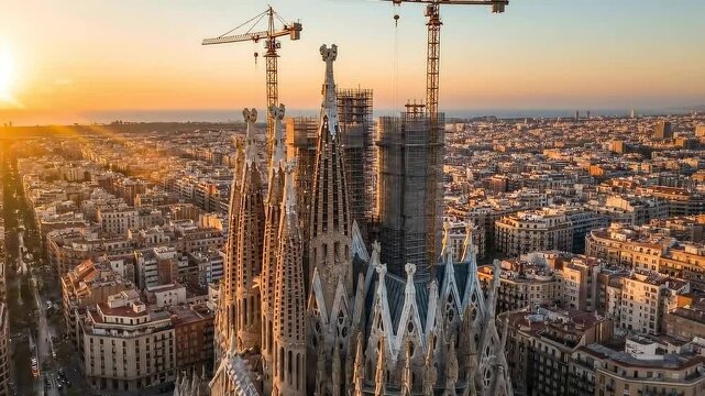 Sagrada Familia under construction in Barcelona at sunset.