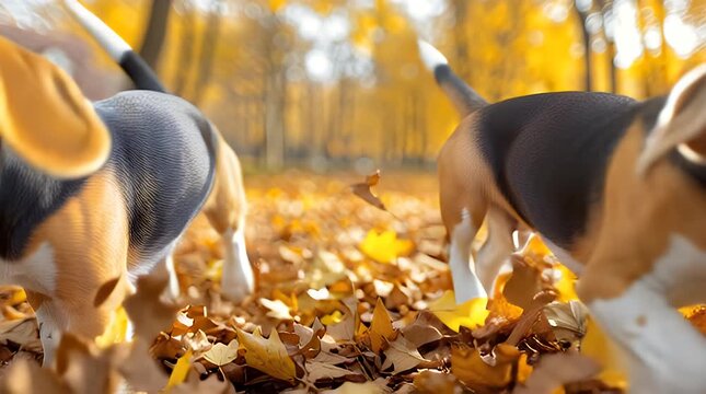 Two adorable canines run toward the viewer through a pile of fallen autumn leaves