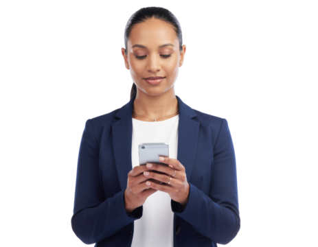 Businesswoman holding a smartphone while reading emails, natural hand/finger detail, isolated on a transparent background, PNG