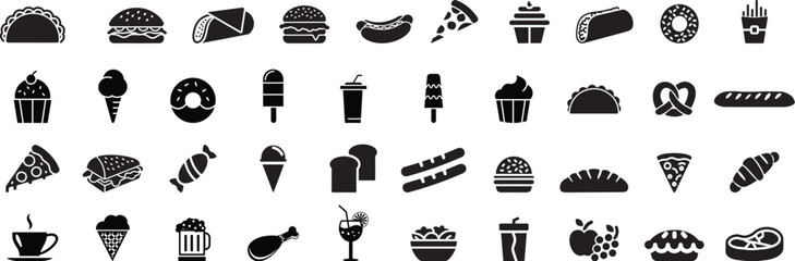 Collection of various food icon Silhouette, showcasing various shapes, vector illustration.