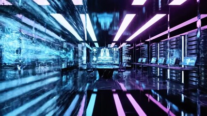 A blue-lit display shows data and a central stone shape, futuristic aesthetic - Powered by Adobe