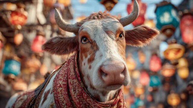 Festive cow with patterned scarf amid colorful paper lanterns