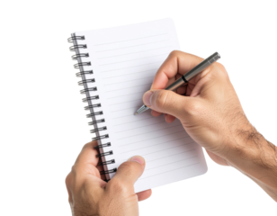 Office worker hands writing notes in a spiral notebook with premium pen, natural finger detail, isolated on a transparent background, PNG