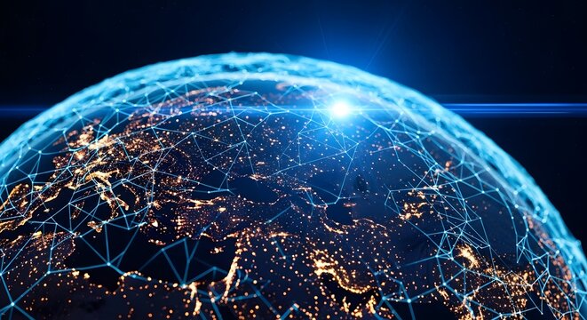 Abstract glowing network globe with light streaks and dark background