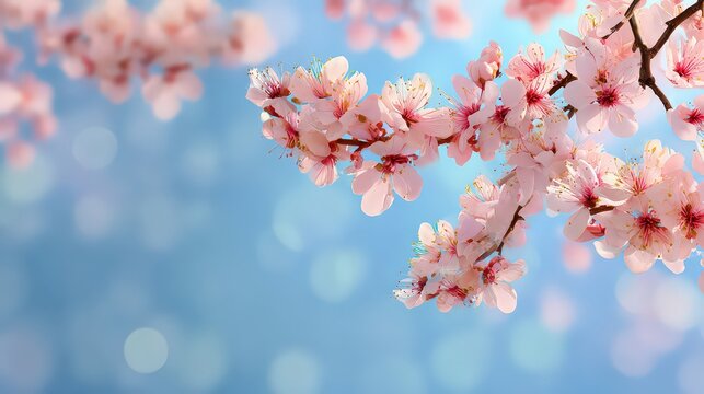 Cherry Blossom Branch Displaying Pink Flowers with Blue Bokeh Background