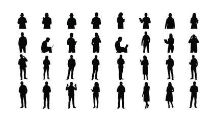 Diverse People Silhouettes Set Using Technology and Standing Poses Vector Illustration