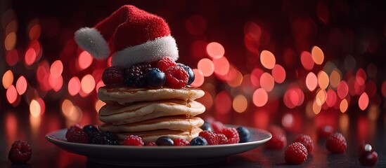 A stack of pancakes with fresh berries and powdered sugar on top, wearing a santa hat, against a christmas background with a festive atmosphere and red tones.