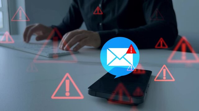 Fake text email scam.Scammers online.Cyber scam. Spam email message on digital screen.Email security and virus spam alert in email