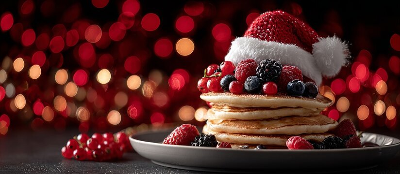 A stack of pancakes with fresh berries and powdered sugar on top, wearing a santa hat, against a christmas background with a festive atmosphere and red tones.