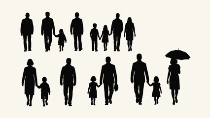 Diverse Set of People Silhouettes Walking - Includes Families, Children, and Adults. Vector Illustration Design Elements