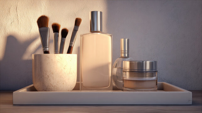 A collection of essential beauty products and makeup brushes on a tray, bathed in soft morning sunlight, creating a serene daily skincare ritual
