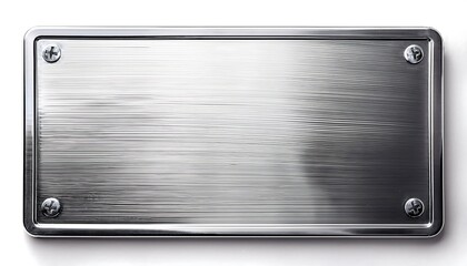 A silver, glossy, blank metal nameplate with a clipping path is isolated on a white background.