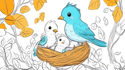 Fototapeta premium Cute birds in nest, autumn leaves background, children's coloring book, printable image