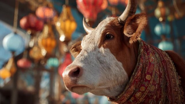 Cow in festive shawl with colorful lanterns in background at market