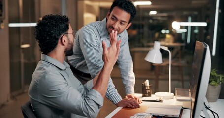 Computer, team and business men with discussion for trading, finance or planning at night. Desktop, conversation or traders in office for investment meeting, stock market proposal or help on overtime - Powered by Adobe