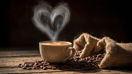 Cup Of Coffee with Steam in Heart Shape on a Wooden Surface Beside a Sack of Roasted Coffee Beans