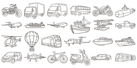 Transportation Line Art Set, Vehicles, Aircraft, Ships & Bikes Outline Icons