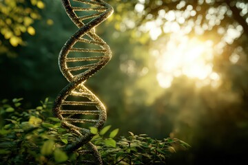 DNA Strand Model Illuminated by Sunlight in a Lush Green Forest Environment with Bokeh Effect