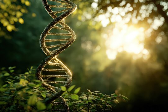 DNA Strand Model Illuminated by Sunlight in a Lush Green Forest Environment with Bokeh Effect