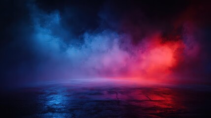 Eerie Stage with Blue and Red Fog on Wet Floor Dark Background with Mist and Cinematic Atmosphere