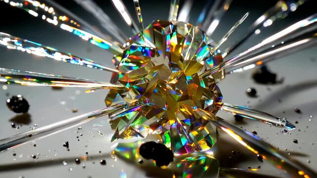 Close-up of a sparkling, multicolored gemstone with radiating metallic spikes on a reflective surface