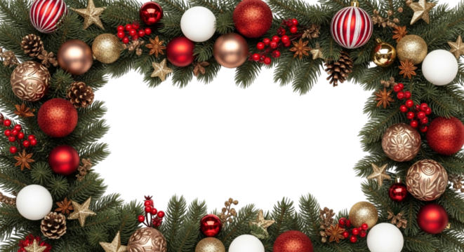 Festive christmas garland border frame made of green pine branch decorated with shiny red, white, and gold bauble ornament, star, and berry isolated on transparent background