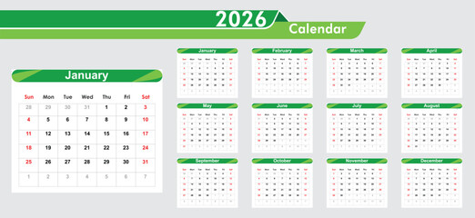 2026 minimalist Yearly calendar vector illustration isolated on white background. calendar template 2026.