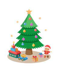 Christmas tree with toys and Santa figure on white