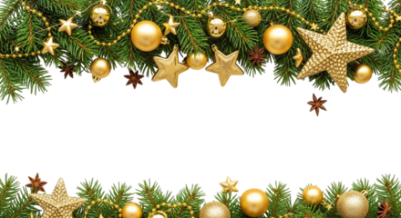 Festive border of golden christmas ornaments, shiny baubles, and star decorations on green fir tree branches isolated on transparent background for holiday design