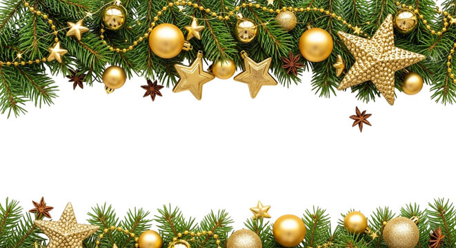 Festive border of golden christmas ornaments, shiny baubles, and star decorations on green fir tree branches isolated on transparent background for holiday design - Powered by Adobe
