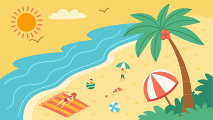 Sunny beach with people enjoying summer vacation activities